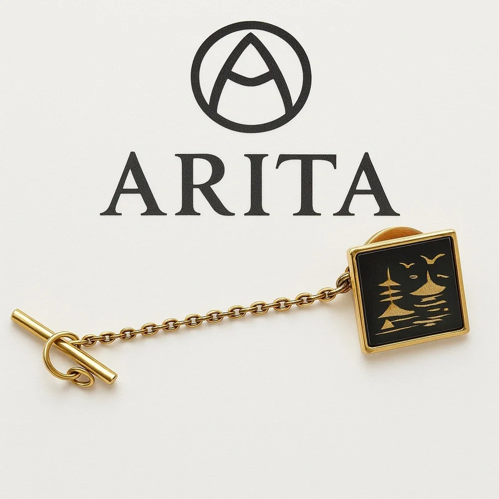 Vintage ARITA Japanese Mixed-Metal Tie Tack / Lapel Pin – Gold Inlay Landscape